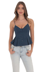 Navy Pinstripe Pleated Flare Top