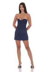 Navy Draped Waist Lace Corset Dress