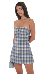Blue Strapless Plaid Dress