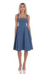 Square Neck Flare Midi Dress in Denim Blue