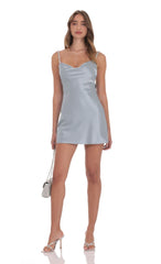 Rhinestone Strap Satin Dress in Powder Blue