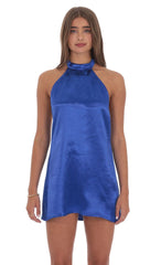 Satin Halter Shift Dress in Royal Blue