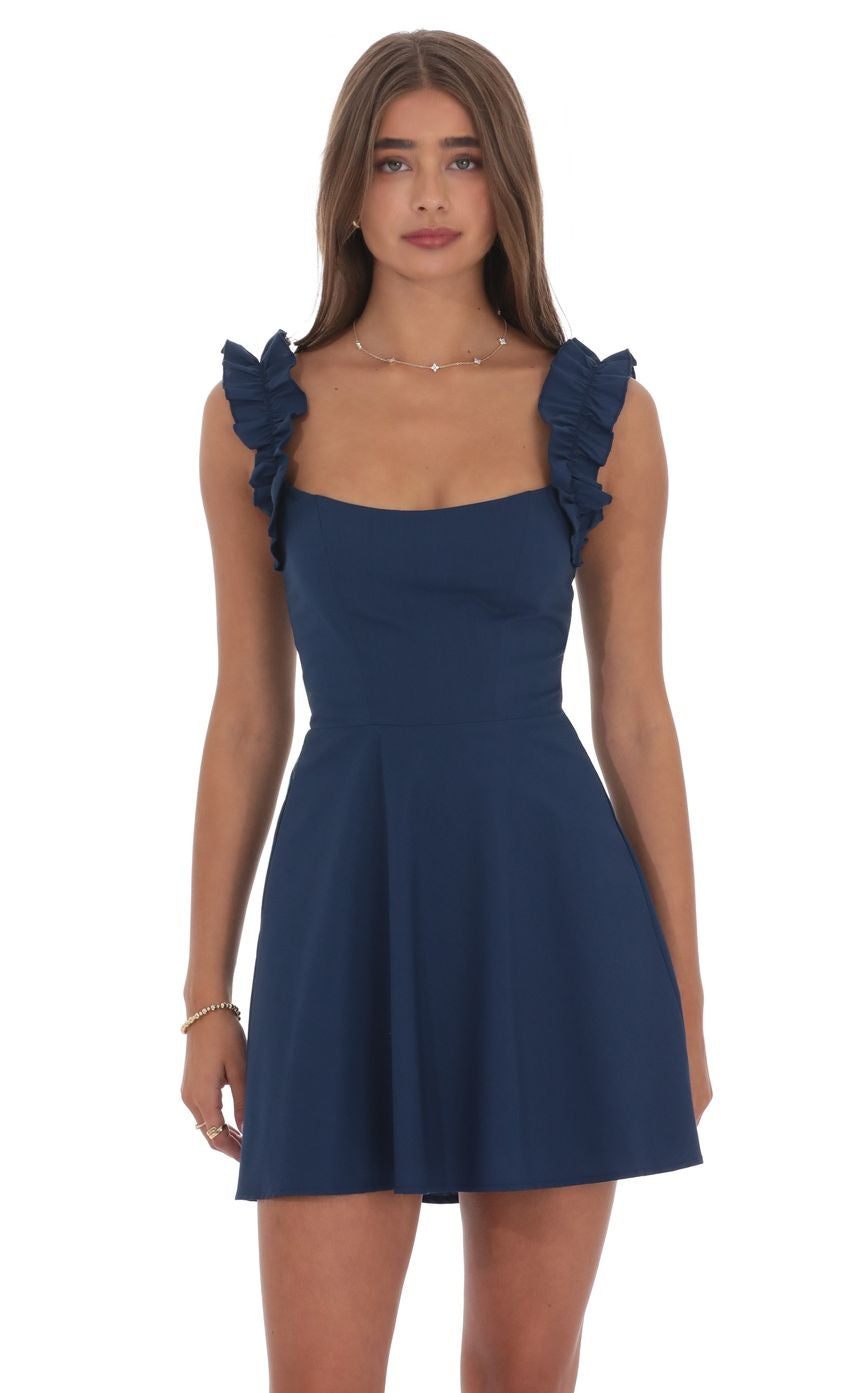 Ruffle Strap A-line Dress in Navy